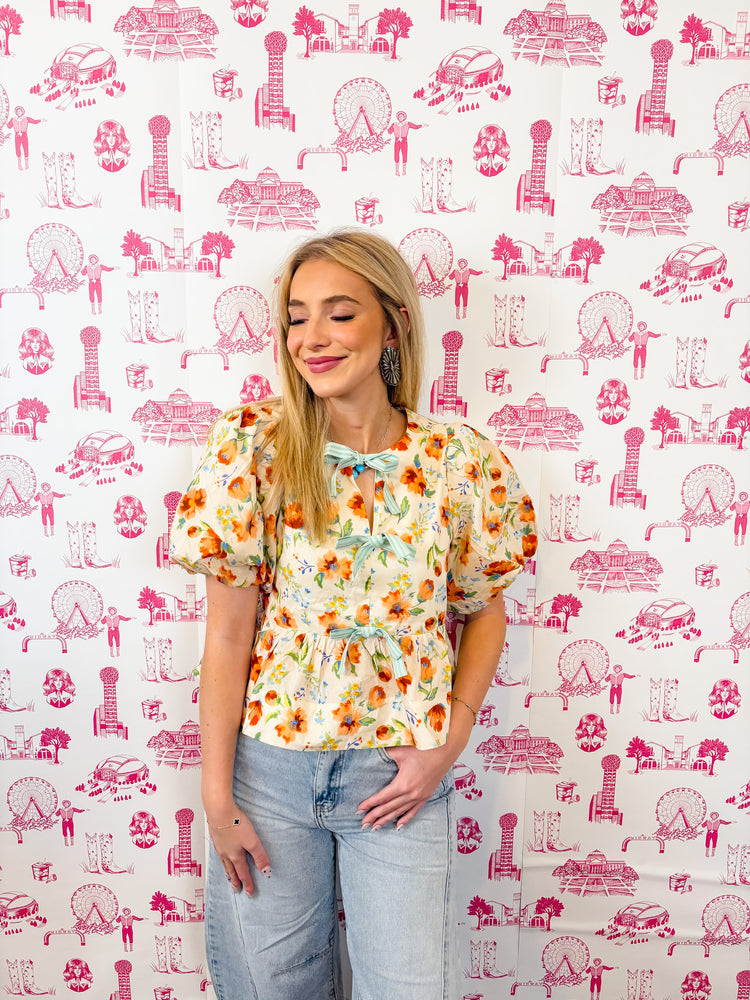 FLORAL BUBBLE SLEEVE TOP-2