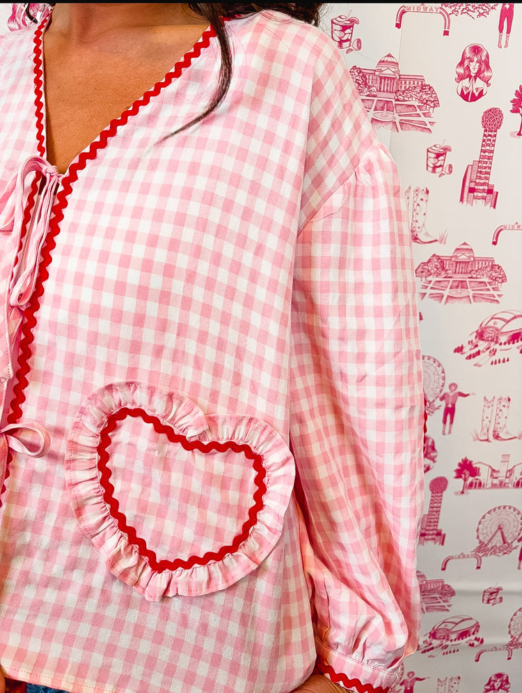 PINK/WHITE GINGHAM HEART TIE TOP-1