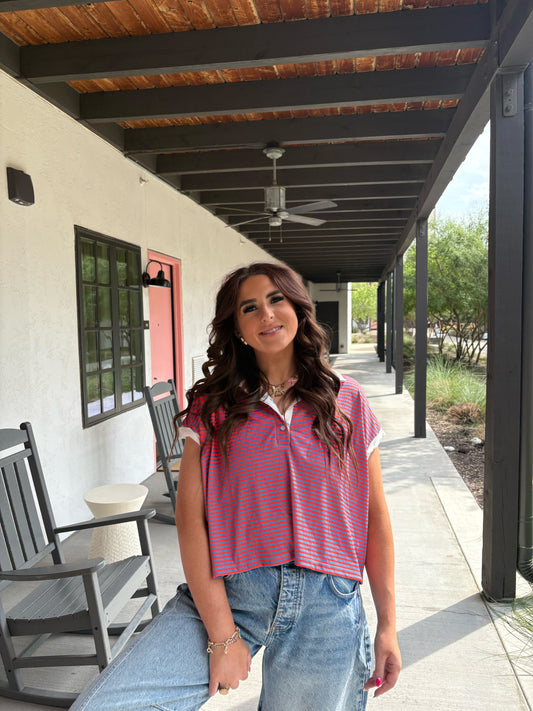 BLUE/CORAL STRIPED TOP-1