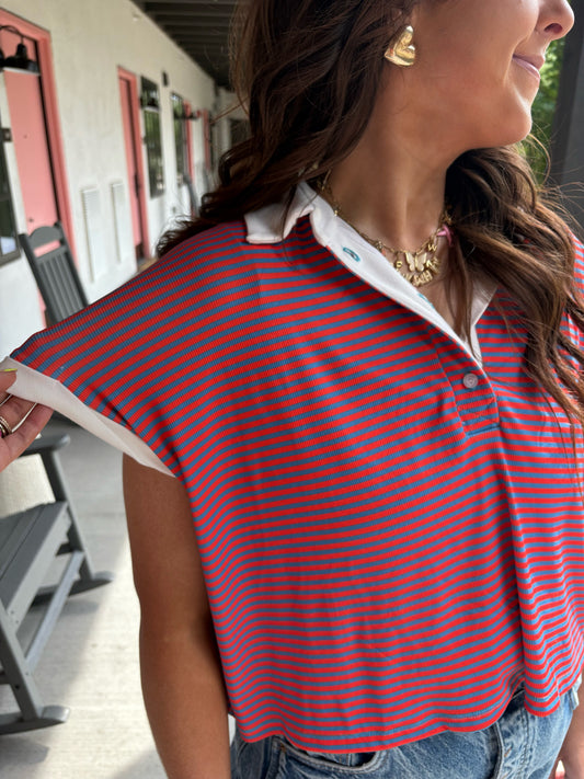 BLUE/CORAL STRIPED TOP-1