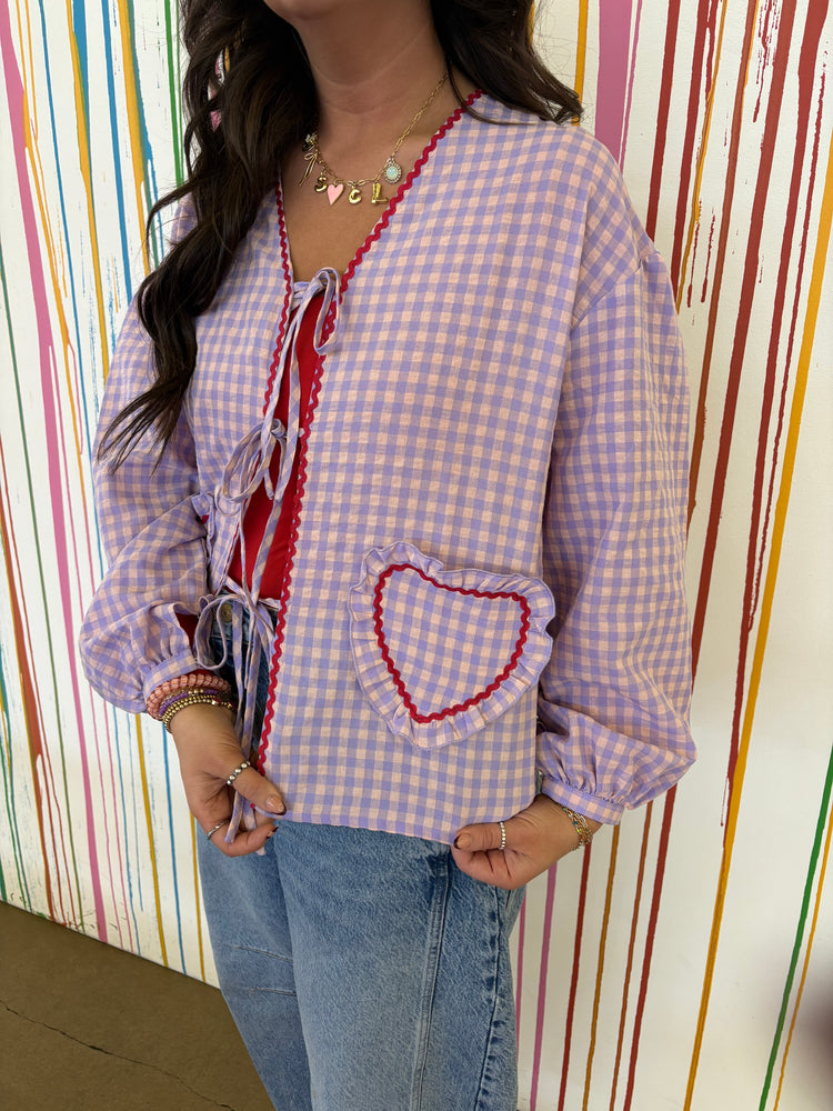 LAVENDER GINGHAM FRONT TIE BLOUSE-1