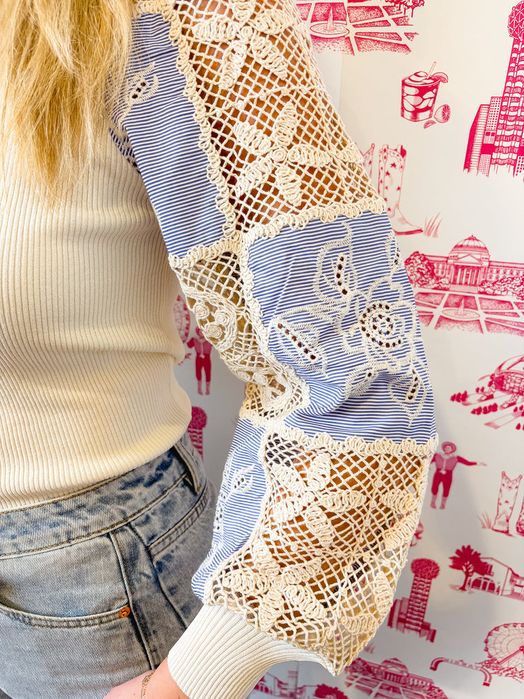 CREAM WITH BLUE CROCHET SLEEVE TOP-2