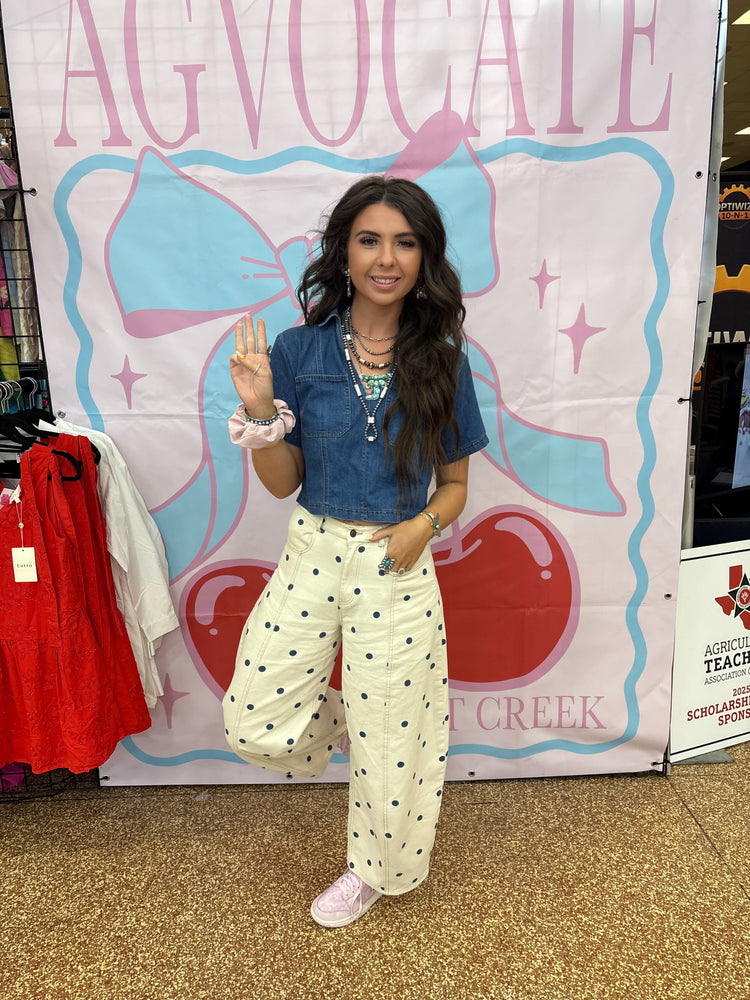 CREAM POLK A DOT BARREL JEANS