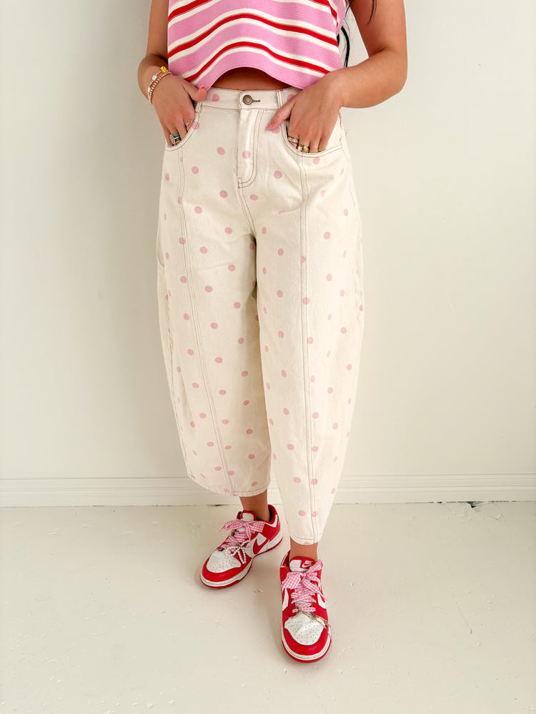 CREAM & PINK POLK A DOT BARREL JEAN