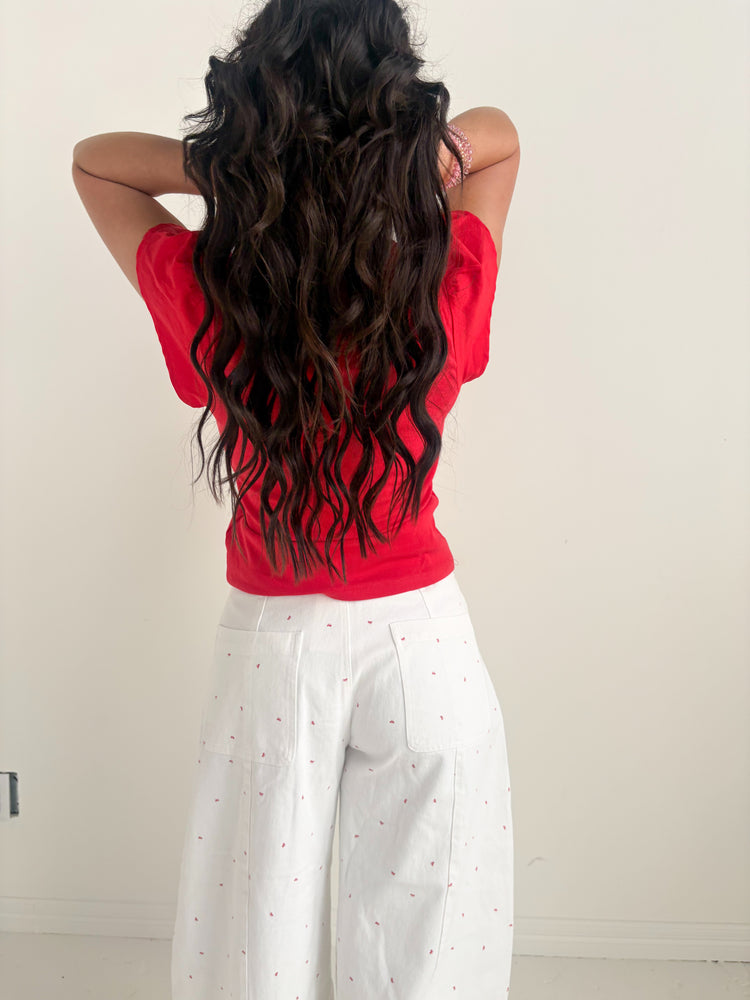 WHITE BARREL JEAN WITH RED BOWS