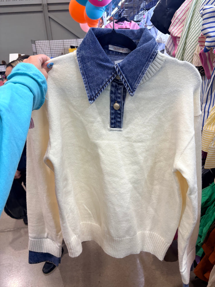 CREAM SWEATER WITH DENIM DETAIL-7