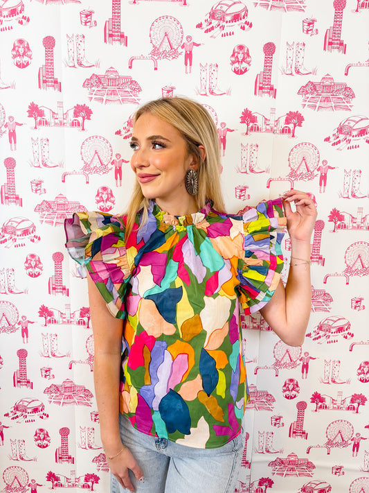THML FLUTTER SLEEVE MULTI COLOR PATTERN TOP