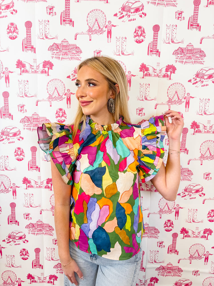 THML FLUTTER SLEEVE MULTI COLOR PATTERN TOP