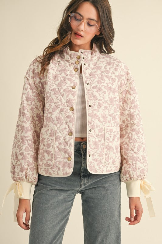 IVORY PINK FLORAL QUILTED JACKET WITH RIBBON DETAIL