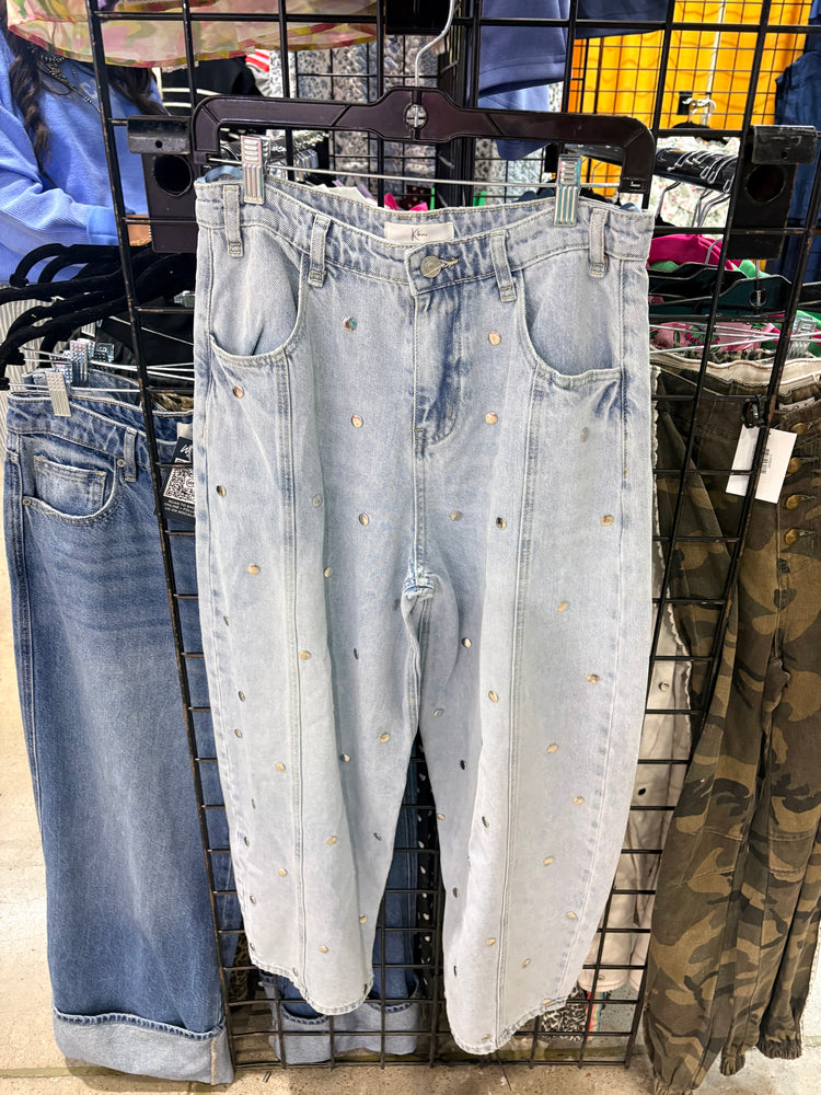 Denim stud cropped barrel jean