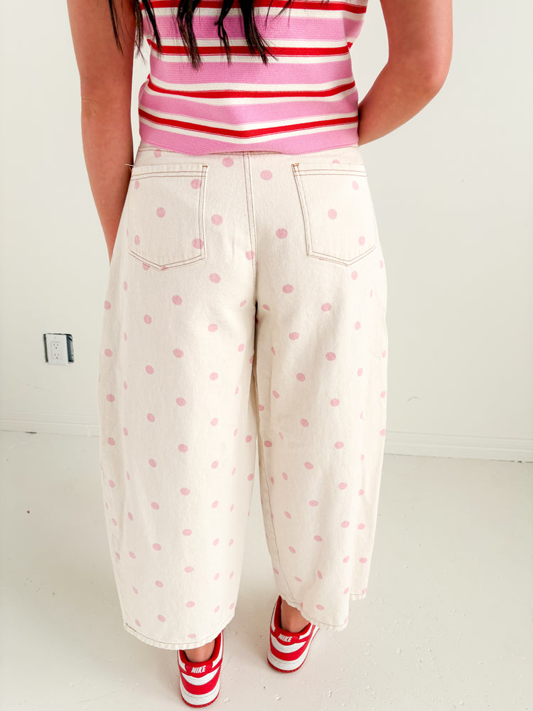CREAM & PINK POLK A DOT BARREL JEAN