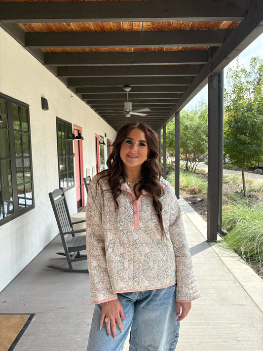 FLORAL PRINTED QUILTED PULLOVER