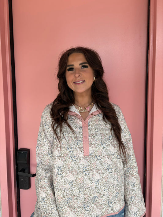 FLORAL PRINTED QUILTED PULLOVER