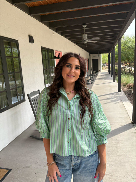 GREEN STRIPED BUTTON DOWN TOP