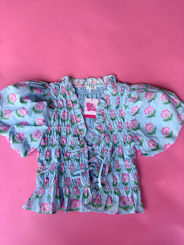 FLORAL TIE FRONT TOP-BLUE COMBO