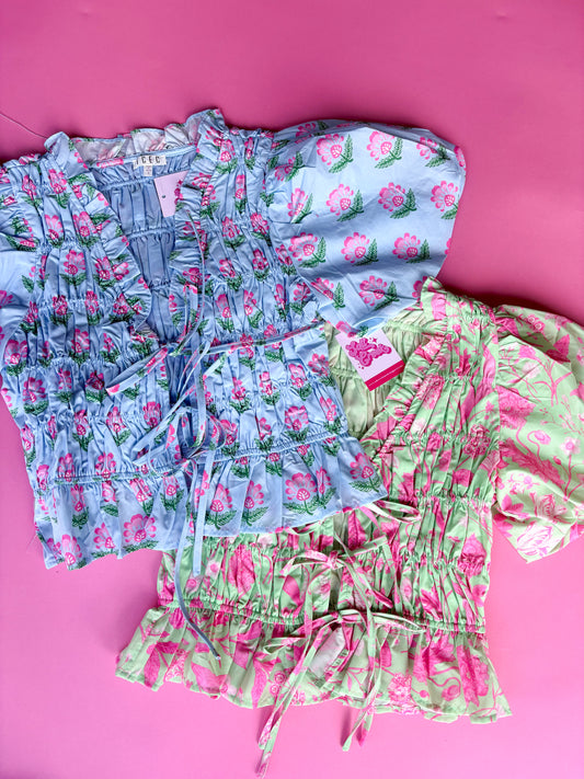 FLORAL TIE FRONT TOP-BLUE COMBO