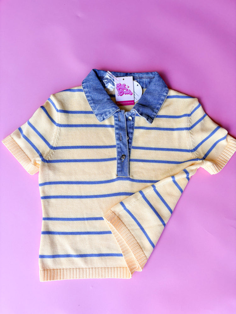 YELLOW SWEATER TOP WITH DENIM DETAIL