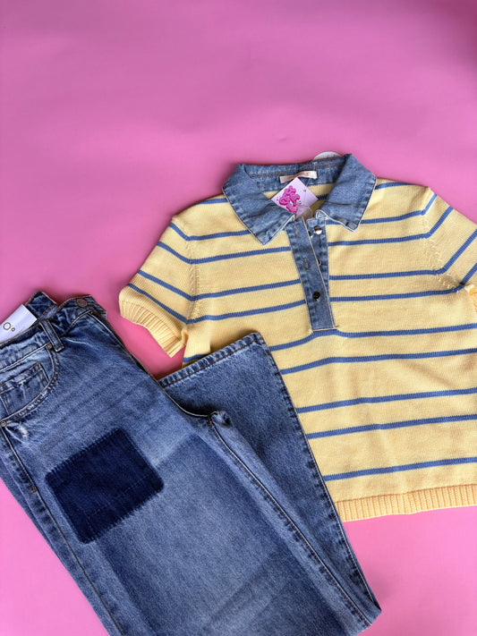 YELLOW SWEATER TOP WITH DENIM DETAIL