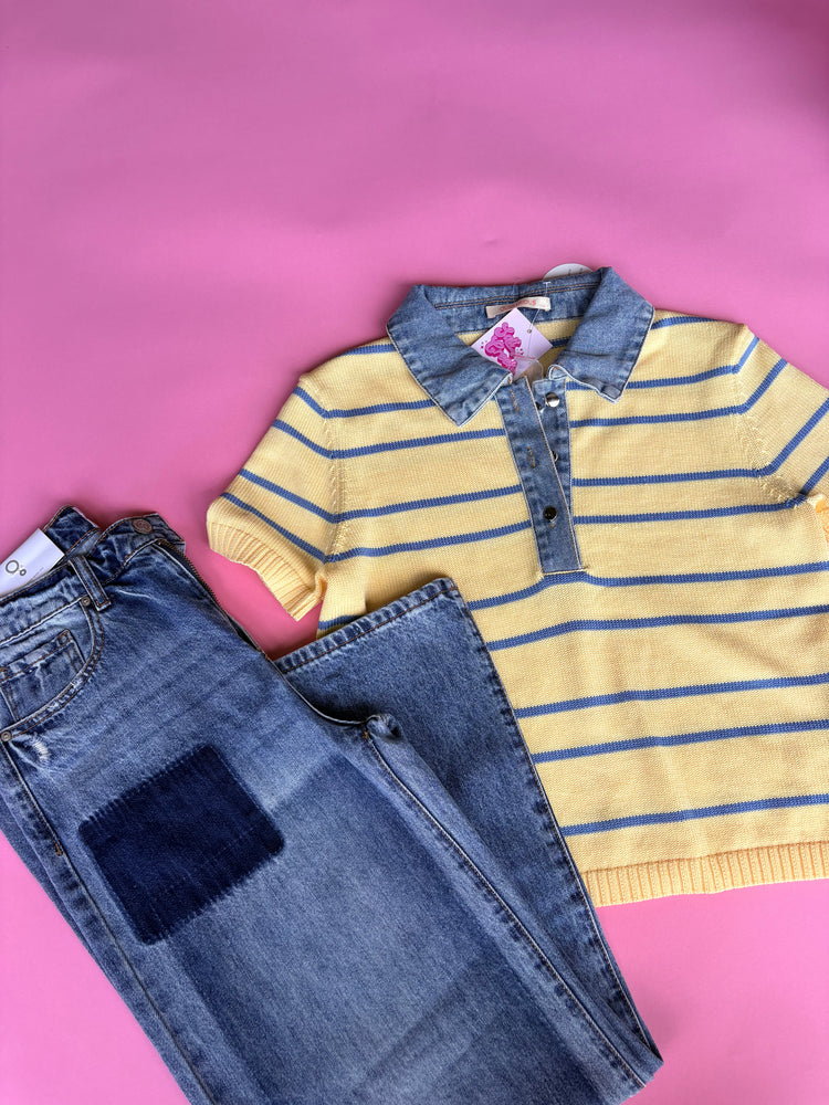 YELLOW SWEATER TOP WITH DENIM DETAIL