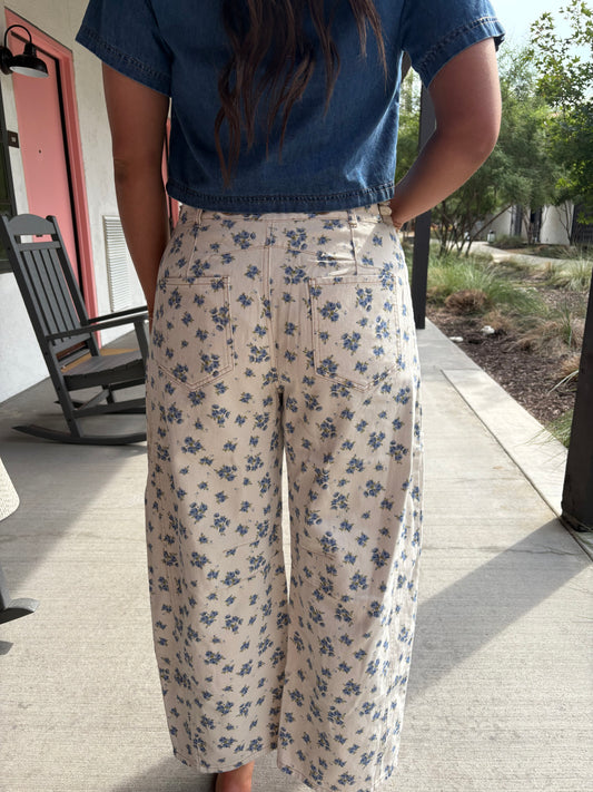 FLORAL PRINTED WAIST TIE BARREL JEAN