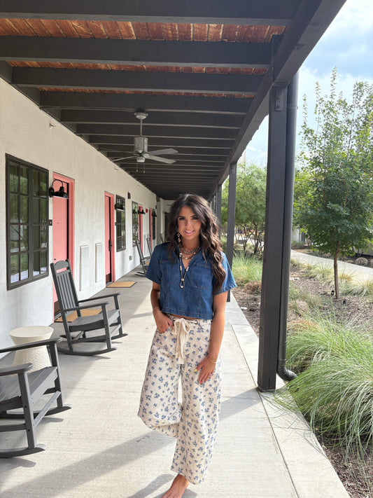 FLORAL PRINTED WAIST TIE BARREL JEAN