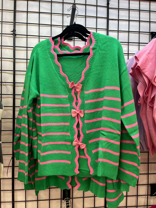 GREEN/PINK BOW SWEATER