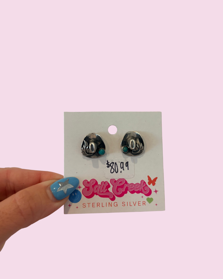 TURQ COWBOY HAT STUD EARRING